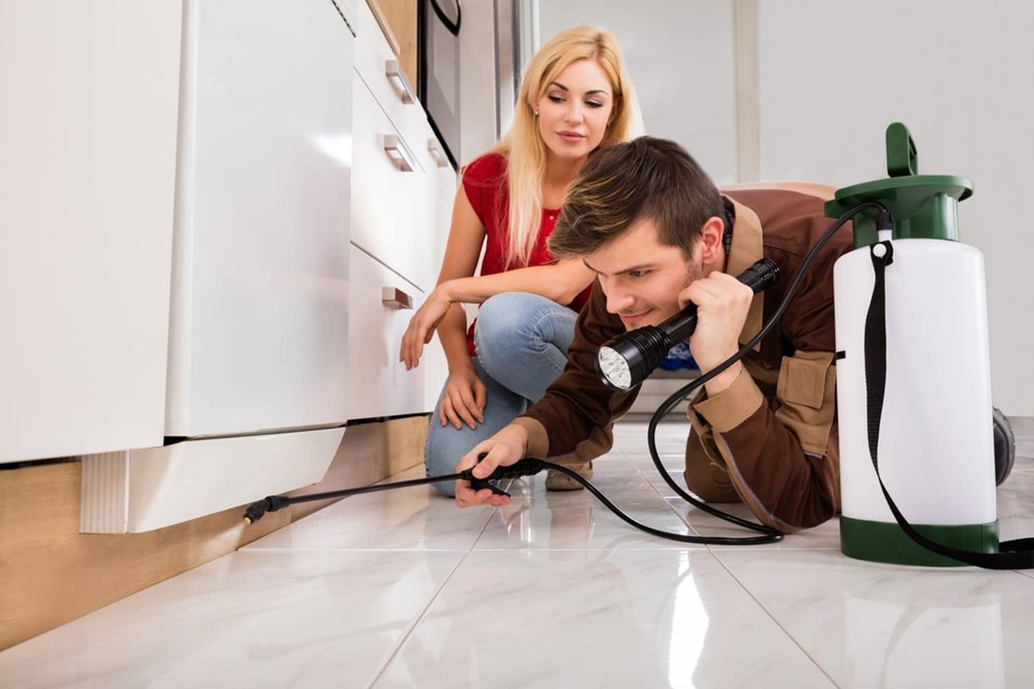 Técnico de fumigación y muchacha inspeccionando la cocina